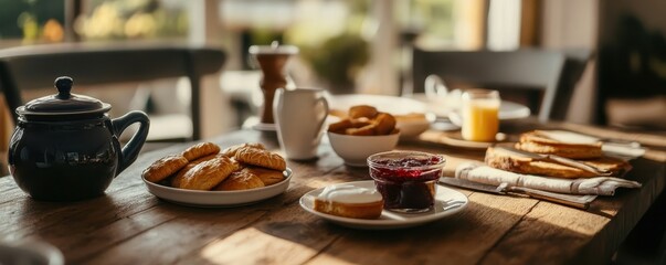 Delicious breakfast spread with pudding, jam, and freshly baked biscuits inviting you to start your day right.