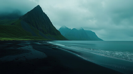 beach, mountain and sea in fog