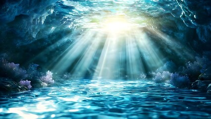 A serene underwater scene with sunlight filtering through water, illuminating coral and creating a tranquil atmosphere. Concept Underwater Serenity, Sunlight Dance, Coral Beauty, Tranquil Atmosphere