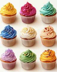 Colorful cupcakes with decorative frosting, perfect for celebrations and desserts.
