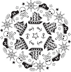Marine decorative ornament. Nautical mandala in doodle style.