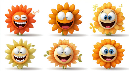 Six cheerful animated flowers display a colorful array of smiles and expressions