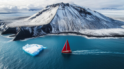 red sailboat next to iceberg
