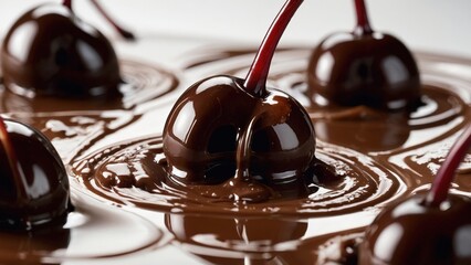 Delicious Chocolate Cherries: Gourmet Dessert Close-Up with Dark Chocolate and Fresh Fruit Drizzling