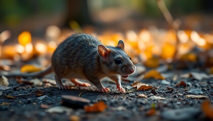 A small gray rodent walking across an outdoor environment with leaves
