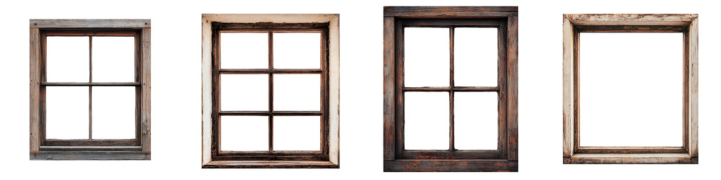 Fototapeta A collection of traditional rustic wooden window frames with intricate designs and clear glass panes showcasing the craftsmanship and style of classic architecture