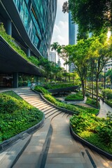 Fototapeta premium Lush green spaces nestled between luxury malls and complexes, offering a serene escape in urban settings.