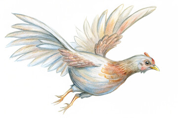 Obraz premium Flying hen pencil illustration on transparent canvas