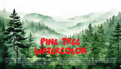Watercolor green pine tree misty forest woods fog illustration art beautiful nature hills greenery scenic landscape