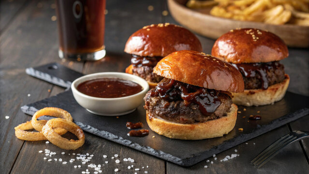 Delicious gourmet beef sliders with barbecue sauce and crispy onion rings on slate platter