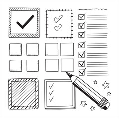 Set of doodle highlight rectangles. Collection of pencil  sketch elements of squares and marks isolated on transparent background.