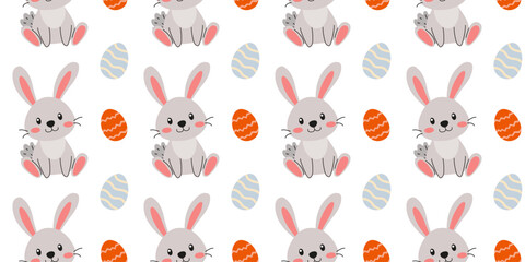 Cute cartoon bunnies with colorful eggs in a playful pattern for festive spring decorations