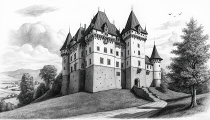 Obraz premium Pencil drawing of Drakula Castle, Transylvania, Romania.
