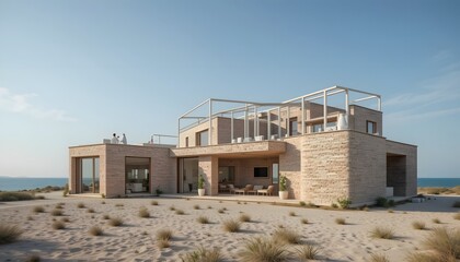 Modern beach house with unique architectural design near the ocean.