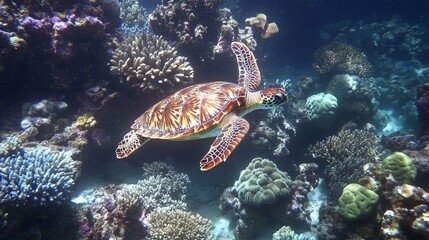 Naklejka premium Sea turtle swimming amongst vibrant coral reef