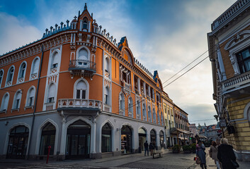 Naklejka premium Buildings in Art Nouveau style from end of 19th and beginning of 20th century in old town in Oradea, Romania