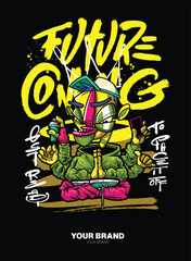 A colorful and dynamic graffiti cartoon character with exaggerated facial expressions, urban fashion, and stylish accessories. This vector illustration is ideal for T-shirt prints, merchandise, and di