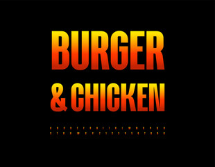 Vector Culinary poster Burger and Chicken. Flame style Font. Hot Alphabet Letters and Numbers set.