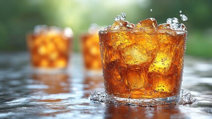 Refreshing Iced Tea with Ice Cubes and Condensation in Warm Sunlight