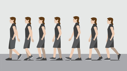Animation of a woman in dark shirt and skirt with one hand in pocket walking in side view showing the step cycle sequence