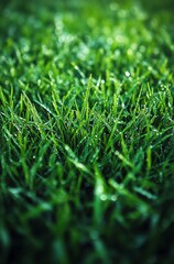 Fototapeta premium Fresh Green Grass Blades with Water Droplets Macro Lawn Detail