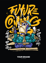 A colorful and dynamic graffiti cartoon character with exaggerated facial expressions, urban fashion, and stylish accessories. This vector illustration is ideal for T-shirt prints, merchandise, and di