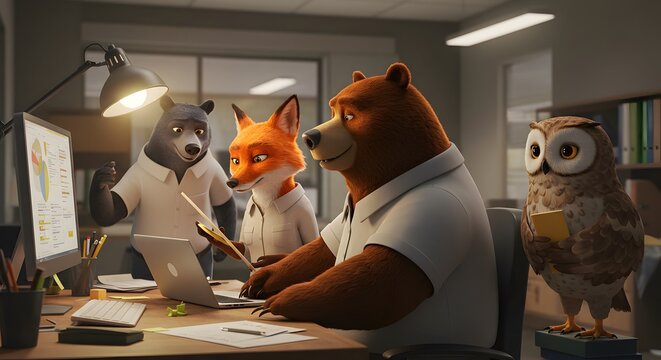Adorable animal team works together on project in office setting 3d fox owl fun art bear bear cute