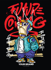 A colorful and dynamic graffiti cartoon character with exaggerated facial expressions, urban fashion, and stylish accessories. This vector illustration is ideal for T-shirt prints, merchandise, and di