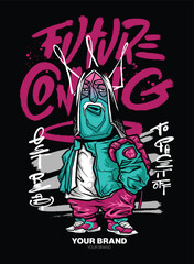 A colorful and dynamic graffiti cartoon character with exaggerated facial expressions, urban fashion, and stylish accessories. This vector illustration is ideal for T-shirt prints, merchandise, and di