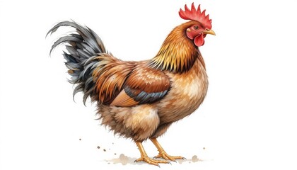 A bright rooster in watercolor technique stands on green grass, its golden brown plumage contrasts with a dark blue tail and red crest, creating a picturesque image.