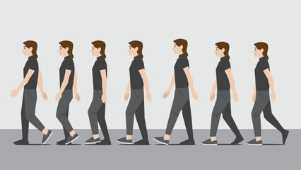 Animation of a woman in dark shirt and pants with  hands walking in side view showing the step cycle sequence