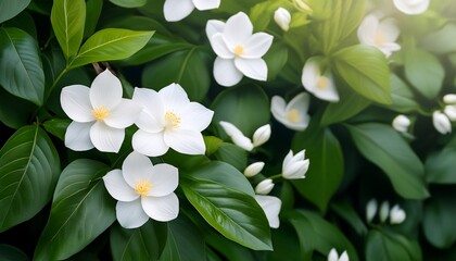 Fototapeta premium delicate white flowers on a green leafy background nature background foliage