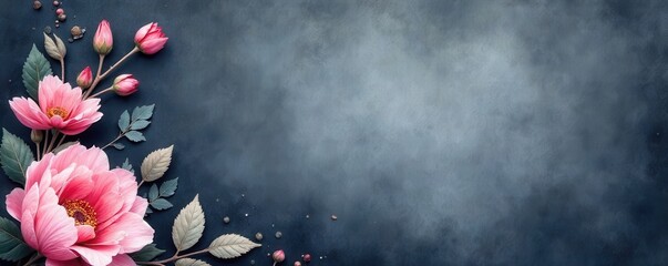 Subtle gray watercolor floral corner ornament on dark gray card , soft, ornament