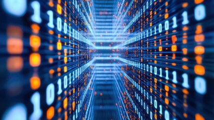 Obraz premium A futuristic perspective of binary code cascading in a tunnel, representing data flow and digital technology.