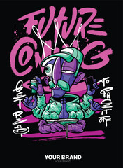 Future Coming A dynamic graffiti character illustration with layered shapes and a 3D depth effect, bringing an energetic and eye-catching urban look. Ideal for T-shirt graphics, street art-inspired br