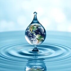 World Water Day: A Water Drop Shaped Globe Descending onto a Blue Ocean Background.