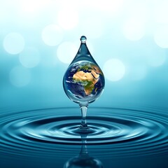 World Water Day: A Water Drop Shaped Globe Descending onto a Blue Ocean Background.