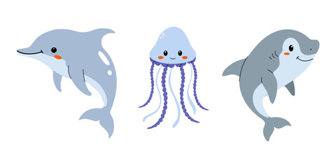 Cute cartoon sea animals illustration featuring a dolphin, jellyfish, and shark on a plain white background