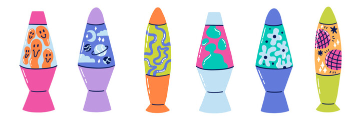 Lava Lamp Isolated with Magma Liquid Bubble Set. Groovy Y2K 90s Home Living Interior Decor. Vector Illustration