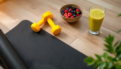 Dumbbells, a yoga mat, fresh fruits, and a green smoothie on a wooden surface, representing a balanced and healthy lifestyle. Perfect for fitness, nutrition, and wellness concepts.