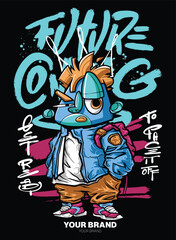 Future Coming A dynamic graffiti character illustration with layered shapes and a 3D depth effect, bringing an energetic and eye-catching urban look. Ideal for T-shirt graphics, street art-inspired br