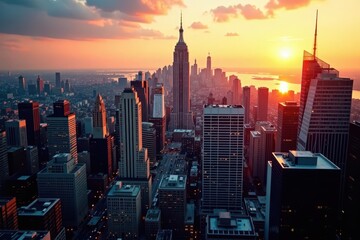 Obraz premium Sunlit NYC skyscrapers, iconic buildings gleam , horizon, cityscape, highrise
