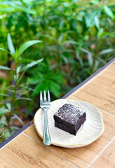 Brownie cake dessert at garden, Close up shot