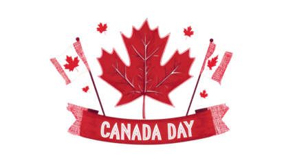Digital illustration of celebrating Canada Day featuring large maple leaf at center isolated on white background 