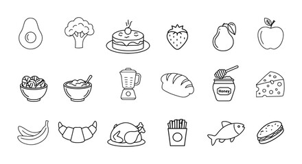 A Set Of 18 Food-related Vector Icons In Line-art Style, Outline Web Icon Set