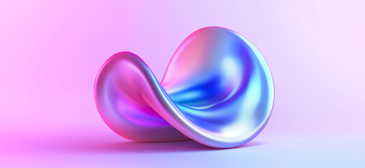 Obraz premium Pink and blue metallic abstract 3d shape with a hole in the center, casting subtle shadows on a soft gradient background.