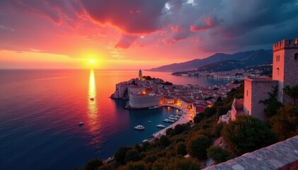 Dramatic sunset illuminates Dubrovnik Old Town from Lovrijenac fortress , coast, twilight