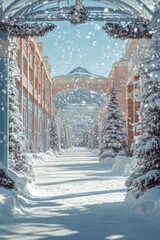 Charming winter scene of snow-covered malls and frozen business complexes under a serene icy landscape.