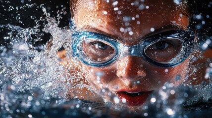 Close-Up View of a Swimmer in Action Wearing Goggles and Splashed Water Effects