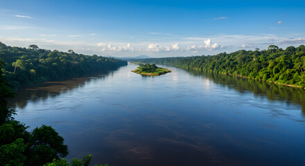 Fototapeta premium Amazon River Flows Through Lush Green Rainforest Landscape Scenery